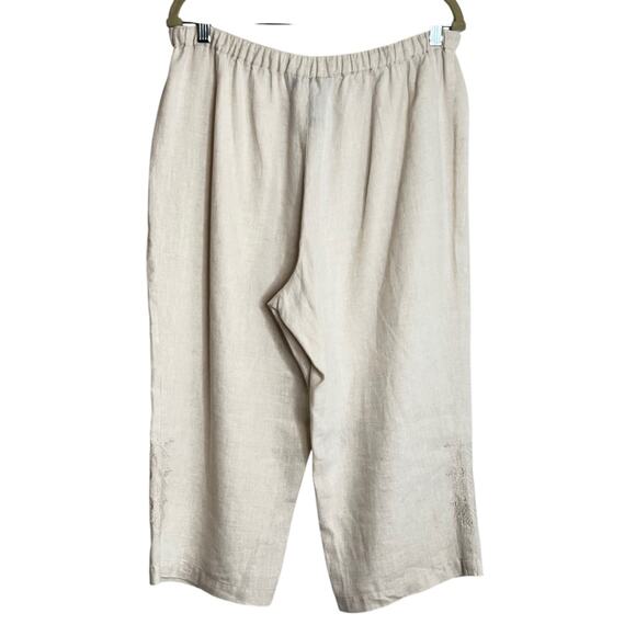 Caribbean Joe Linen Pants PL Petite Large Beige Embroidered Pull-On Cropped - Picture 4 of 7